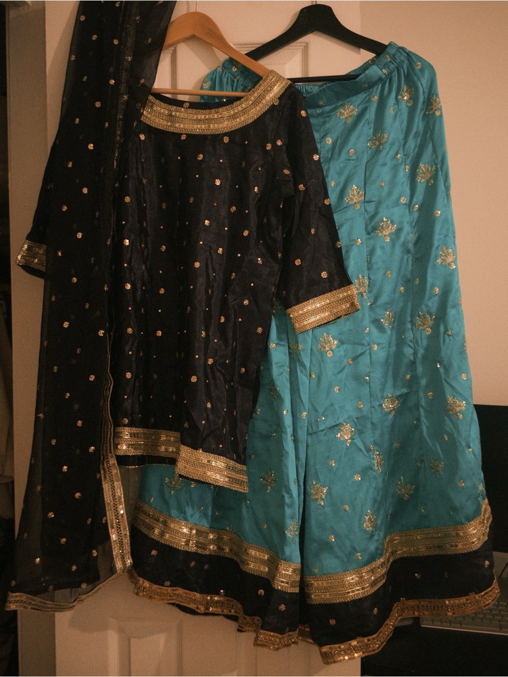 Elegant Women's Navy and Teal Embroidered Skirt Set